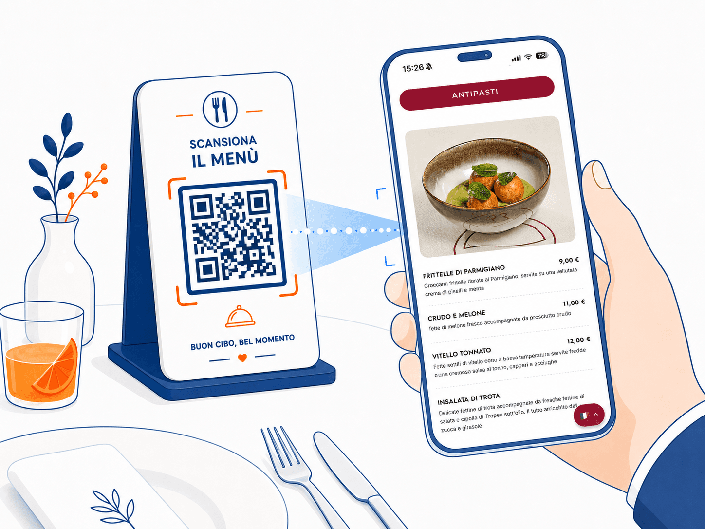 Cliente al tavolo inquadra il QR code e il menù si apre sul telefono