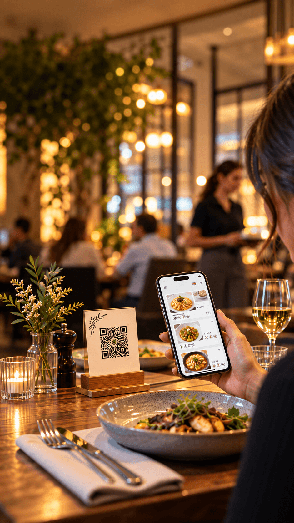 Cliente al tavolo inquadra il QR code e sfoglia il menù sul telefono